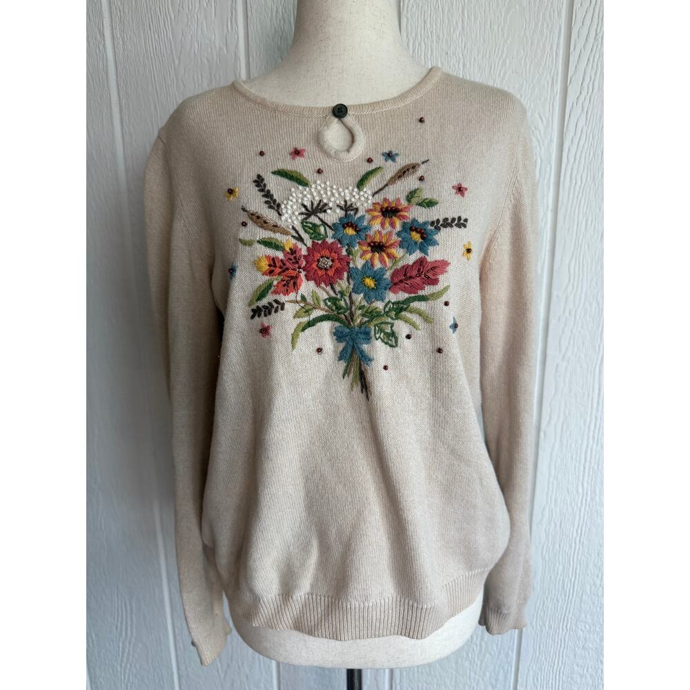 Vintage Embroidered Floral Sweater Beaded Cottagecore Grandma, Size Medium